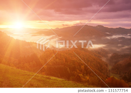 Misty autumn mountain landscape at sunrise in Slovenia 131577754