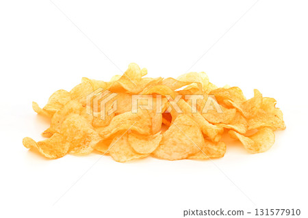 A pile of potato chips on a white background 131577910
