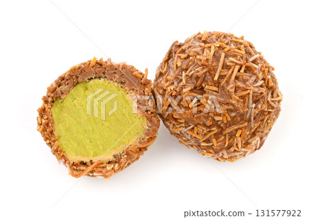 The Dubai chocolate candy is covered in brown sprinkles The Dubai chocolate candy is covered in brown sprinkles 131577922