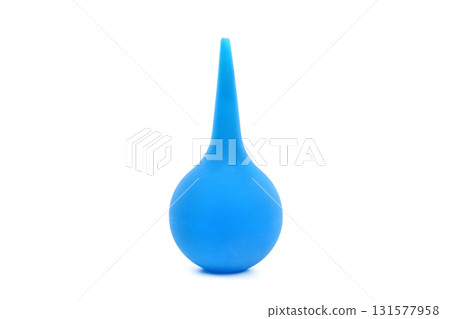 A blue rubber bulb is sitting on a white background 131577958