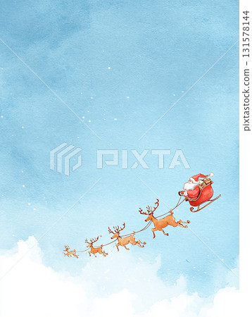 聖誕老人乘坐馴鹿雪橇在天空飛翔的水彩插圖背景材料 131578144