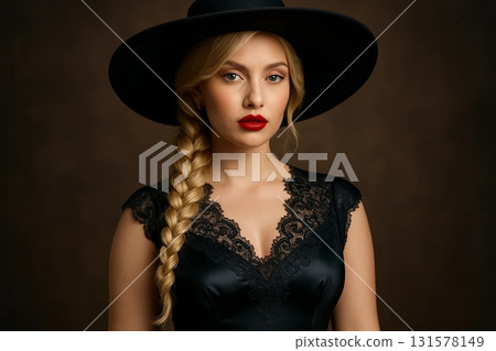Young woman with braid wearing wide hat 131578149