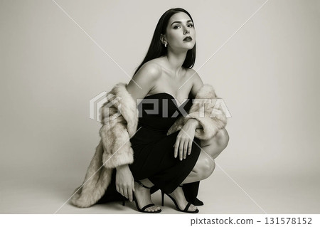 Portrait of female model sitting on floor 131578152