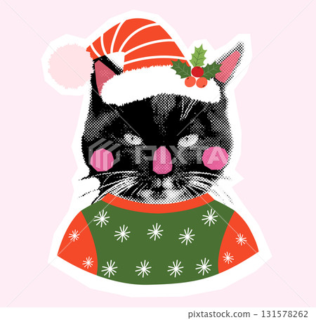 Funny vector Christmas black cat collage, fun holiday animal design for greeting cards 131578262