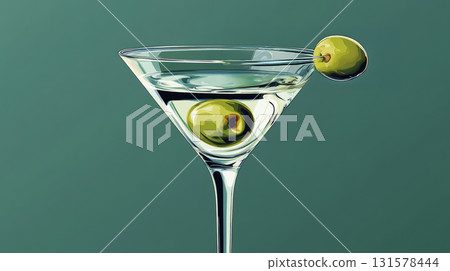 A perfectly prepared martini showcasing a green olive on a toothpick, set against a minimalistic backdrop, perfect for unwinding 131578444