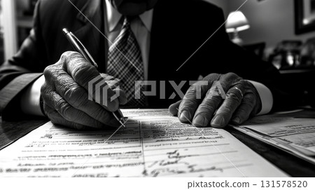 An elderly man in a suit diligently fills out tax forms at a stylish office desk, showcasing the importance of financial responsibility An elderly man in a suit diligently fills out tax forms at a stylish office desk, showcasing the importance of financial responsibility 131578520