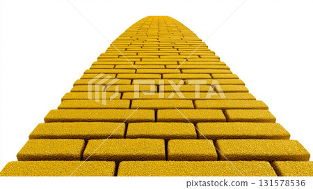 Bright yellow bricks form a whimsical road stretching into the distance, inviting exploration against a clean white backdrop 131578536