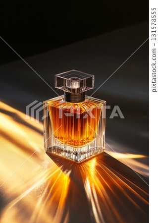 This beautifully crafted perfume bottle radiates warmth with its amber liquid, reflecting light and creating an enchanting atmosphere 131578555
