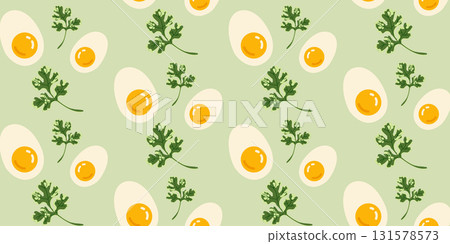 Eggs with parsley and cilantro seamless pattern. Concept of healthy eating and vegan design. Perfect for packaging, branding, and advertising materials 131578573