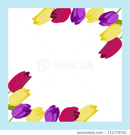 Frame with decorative corners made of multicolored tulips. Vector illustration isolated on blue background. Frame with decorative corners made of multicolored tulips. Vector illustration isolated on blue background. 131578581
