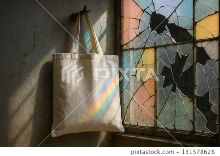 Fabric bag hanging near window 131578628