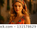Young blonde woman wearing headscarf 131578629