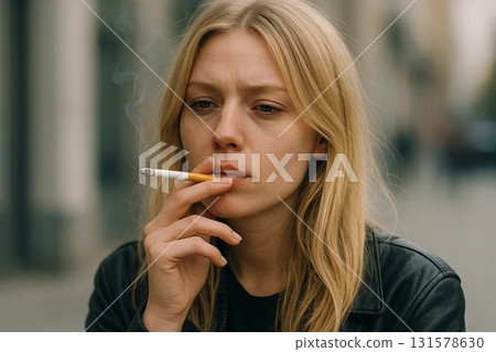 Young blonde woman smoking cigarette 131578630