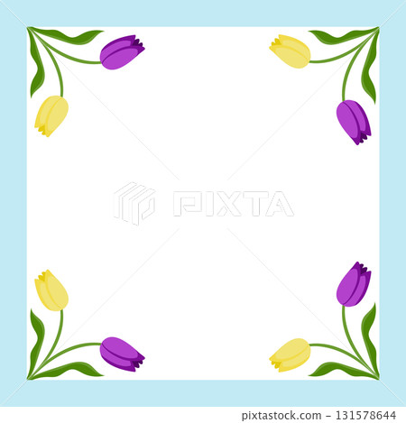 Frame with decorative corners made of multicolored tulips. Vector illustration isolated on blue background. Frame with decorative corners made of multicolored tulips. Vector illustration isolated on blue background. 131578644