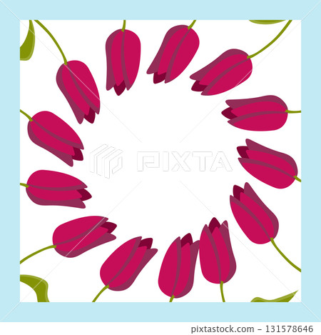 Frame with decorative corners made of multicolored tulips. Vector illustration isolated on blue background. 131578646