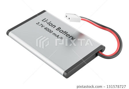 Flat lithium ion battery cell with 3.7V 4000mAh label, with red and black wires and connector. 3D rendering Flat lithium ion battery cell with 3.7V 4000mAh label, with red and black wires and connector. 3D rendering 131578727