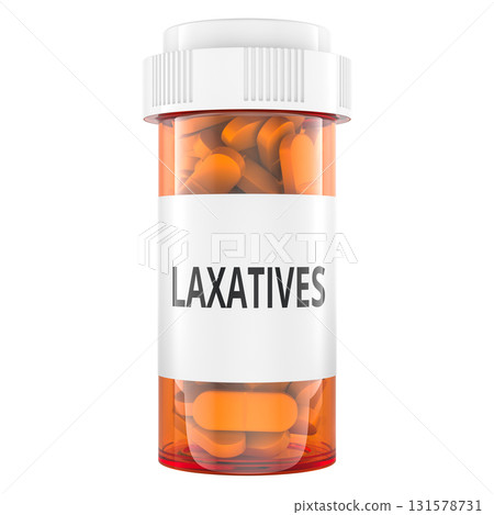Laxatives medicine bottle, orange prescription pills. 3D rendering Laxatives medicine bottle, orange prescription pills. 3D rendering 131578731
