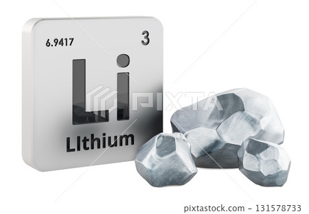 Lithium crystals and periodic table element  with Li symbol. 3D rendering 131578733