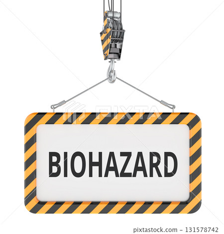 Biohazard warning sign hanging on crane hook. 3D rendering 131578742