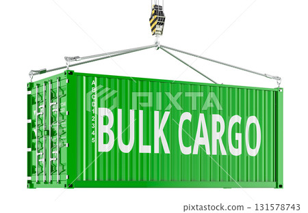 Bulk Cargo, green shipping container on crane. 3D rendering Bulk Cargo, green shipping container on crane. 3D rendering 131578743
