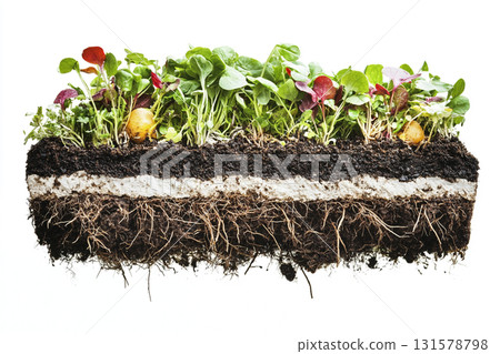 Close-up, white background, sectional view of dark soil with fine, tangled roots and a dense layer of tiny, bright green seedlings on top. 131578798