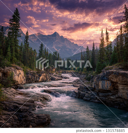 Majestic mountain landscapes at sunset, featuring a rocky river flowing through a forest with pine trees and large boulders. Majestic mountain landscapes at sunset, featuring a rocky river flowing through a forest with pine trees and large boulders. 131578885