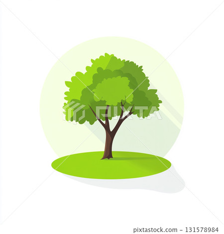 Two vector-style illustrations of a tree with a brown trunk and a layered, rounded green canopy. The icons use a flat design aesthetic with a long drop shadow and are set within a circular background. 131578984