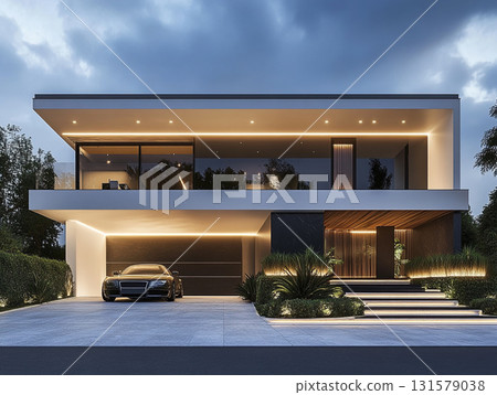 Two photos showcasing luxurious two-story modern houses with flat roofs, clean lines, and striking facades of white/grey stucco, dark trim, and warm wood accents. Both feature extensive glass windows  131579038