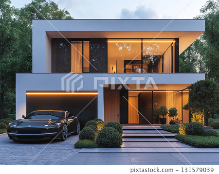 Two photos showcasing luxurious two-story modern houses with flat roofs, clean lines, and striking facades of white/grey stucco, dark trim, and warm wood accents. Both feature extensive glass windows  131579039