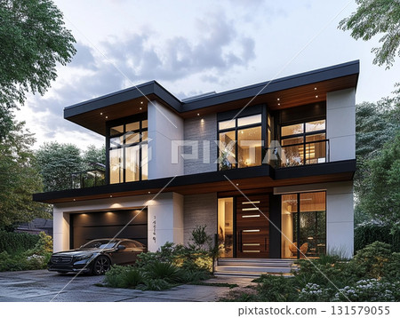 Two photos showcasing luxurious two-story modern houses with flat roofs, clean lines, and striking facades of white/grey stucco, dark trim, and warm wood accents. Both feature extensive glass windows Two photos showcasing luxurious two-story modern houses with flat roofs, clean lines, and striking facades of white/grey stucco, dark trim, and warm wood accents. Both feature extensive glass windows 131579055