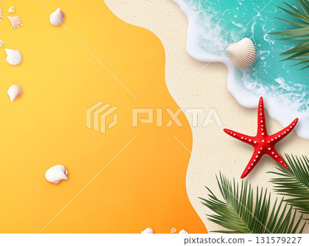 A bright flat lay showing starfish, white seashells, and a tropical palm leaf on a clean border between beach sand and a vibrant yellow background. 131579227
