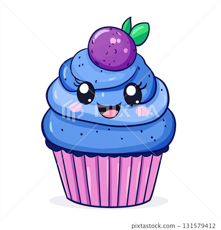 A cute cartoon cupcake with blueberries on top and a smiling face. A cute cartoon cupcake with blueberries on top and a smiling face. 131579412