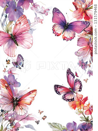 A vibrant, colorful arrangement of paper flowers and butterflies with a blank space in the center, creating a visually appealing and artistic design. 131579468