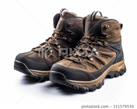A pair of rugged hiking shoes with durable material, and thick soles designed for outdoor trekking and adventure. A pair of rugged hiking shoes with durable material, and thick soles designed for outdoor trekking and adventure. 131579530