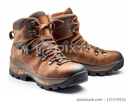 A pair of rugged hiking shoes with durable material, and thick soles designed for outdoor trekking and adventure. A pair of rugged hiking shoes with durable material, and thick soles designed for outdoor trekking and adventure. 131579532