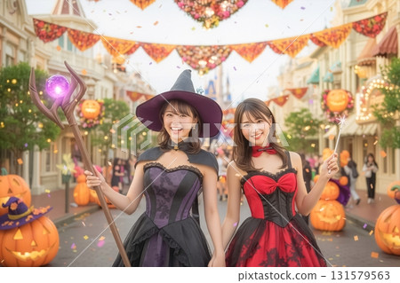 Women enjoying a Halloween party Women enjoying a Halloween party 131579563