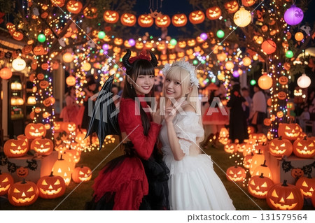 Women dressed as devils and angels for Halloween Women dressed as devils and angels for Halloween 131579564