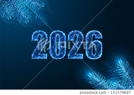 Futuristic glowing 2026 with Christmas tree branches, digital New Year holiday vector illustration Futuristic glowing 2026 with Christmas tree branches, digital New Year holiday vector illustration 131579687