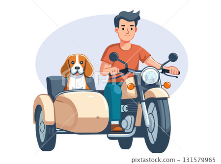 Flat illustration of a young man riding a motorcycle with a sidecar and a dog. 131579965