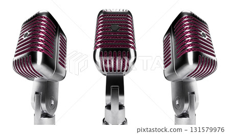 Classic Vintage Microphone Set with Pink Inside Mesh Isolated on a White Background. Classic Vintage Microphone Set with Pink Inside Mesh Isolated on a White Background. 131579976