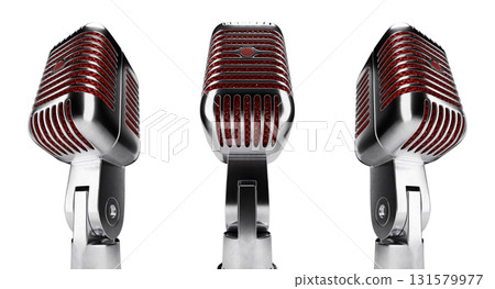 Classic Vintage Microphone Set with Red Inside Mesh Isolated on a White Background. 131579977