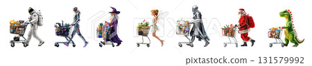 A collection of cutouts of fantasy people pushing shopping carts, with transparent background 131579992