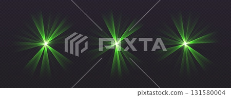 Party laser beams, green disco show spotlights, concert stage lights. Glowing show lasers. Magic rays for a dance party. 131580004