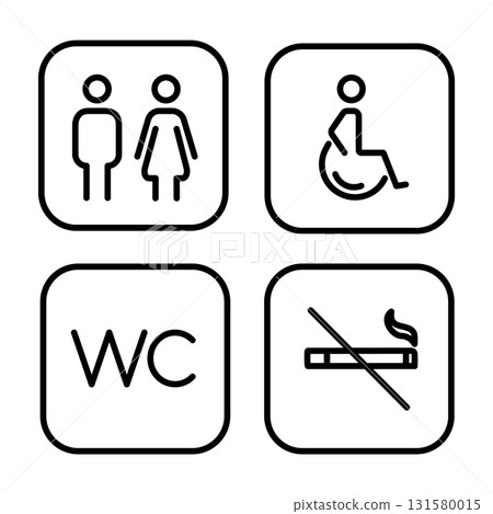 Set of square toilet outline icon showing symbols for male, female, and disabled toilets. Includes WC and no smoking sign. Simple outline vector illustration for restroom signage and UI design. 131580015