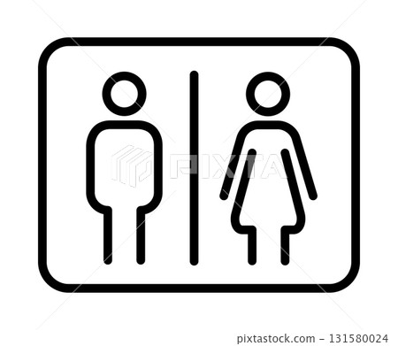 Set of square toilet outline icon showing symbols for male, female, and disabled toilets. Includes WC and no smoking sign. Simple outline vector illustration for restroom signage and UI design. 131580024