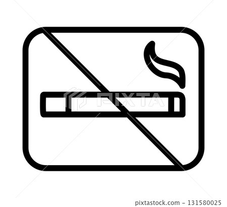 No smoking icon in outline style. Black and white warning sign with cigarette and prohibition symbol. Ideal for posters, stickers, education, public spaces, and print projects. 131580025
