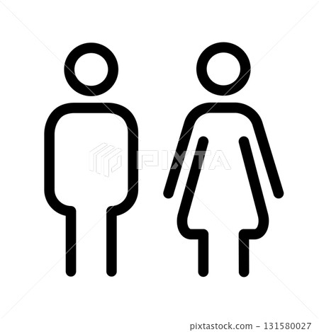 Outline icon of man and woman standing side by side. Simple black and white hand drawn illustration, perfect for signage, posters, kids education, public symbols, and minimal design. Outline icon of man and woman standing side by side. Simple black and white hand drawn illustration, perfect for signage, posters, kids education, public symbols, and minimal design. 131580027