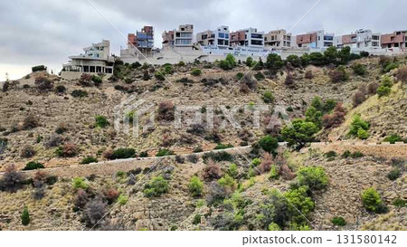 textDiverse geologic features terrain, chaparral, soil 131580142