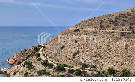Aerial video shows a path from a hillside to the serene ocean 131580148