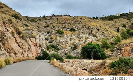 A scenic journey along a winding road ascending a serene big hill 131580194